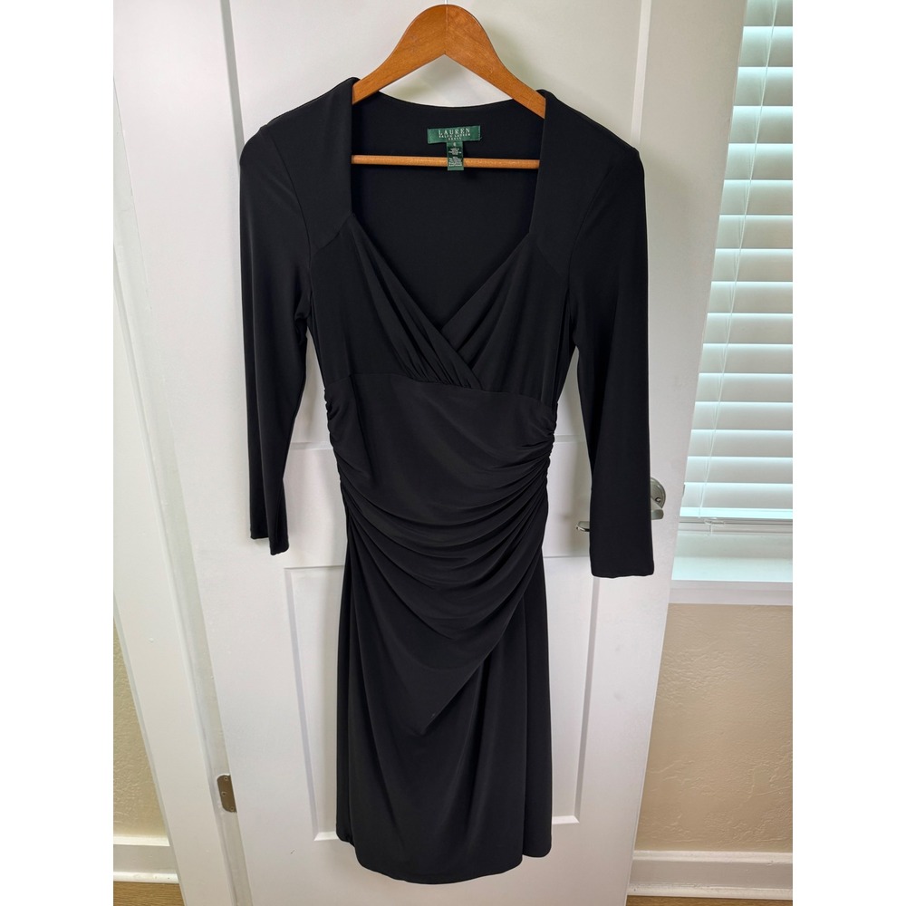 Lauren Ralph Lauren Black Ruched Surplice V-Neck Sheath Dress Size 6 Travel LBD